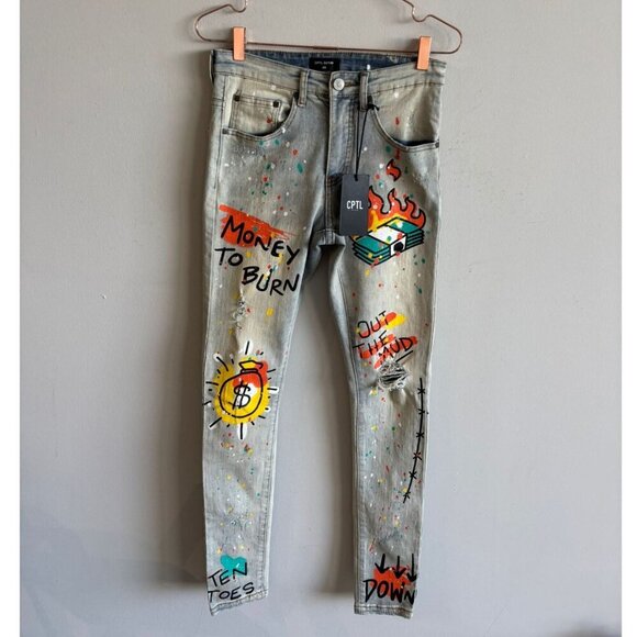 CPTL Denim Womens Cash Ripped Colorful Splatter Jeans Light Blue Size 28 - Picture 1 of 13